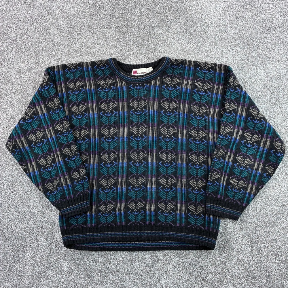 Vintage Palermo Sweater Mens XL Blue Knit Geometric Striped Triangles Acrylic